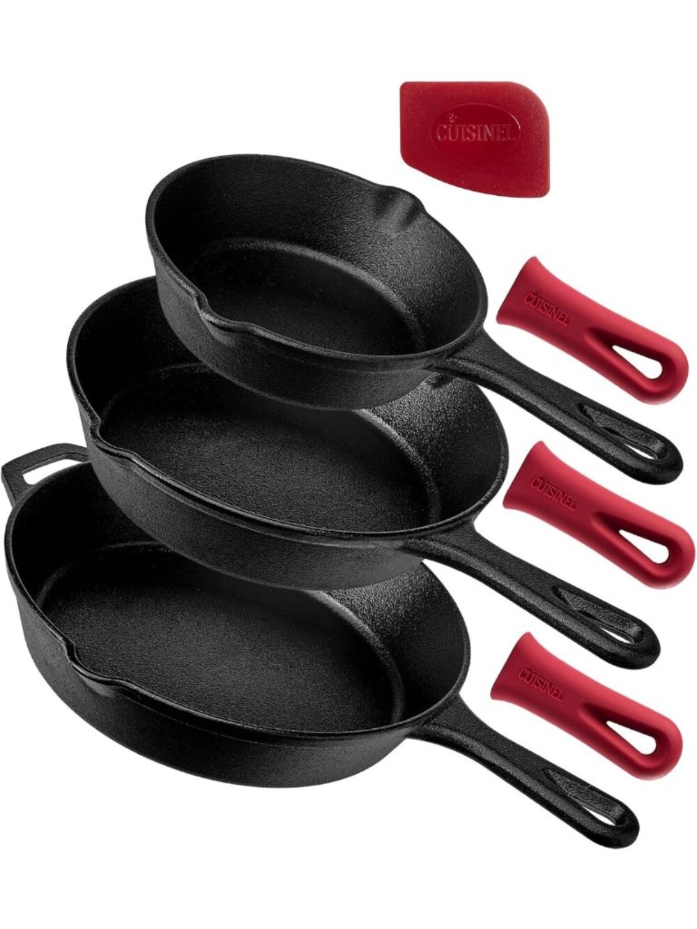 3-Piece Cast Iron Skillet Set - Pre-Seasoned Frying Pans + Silicone Handle